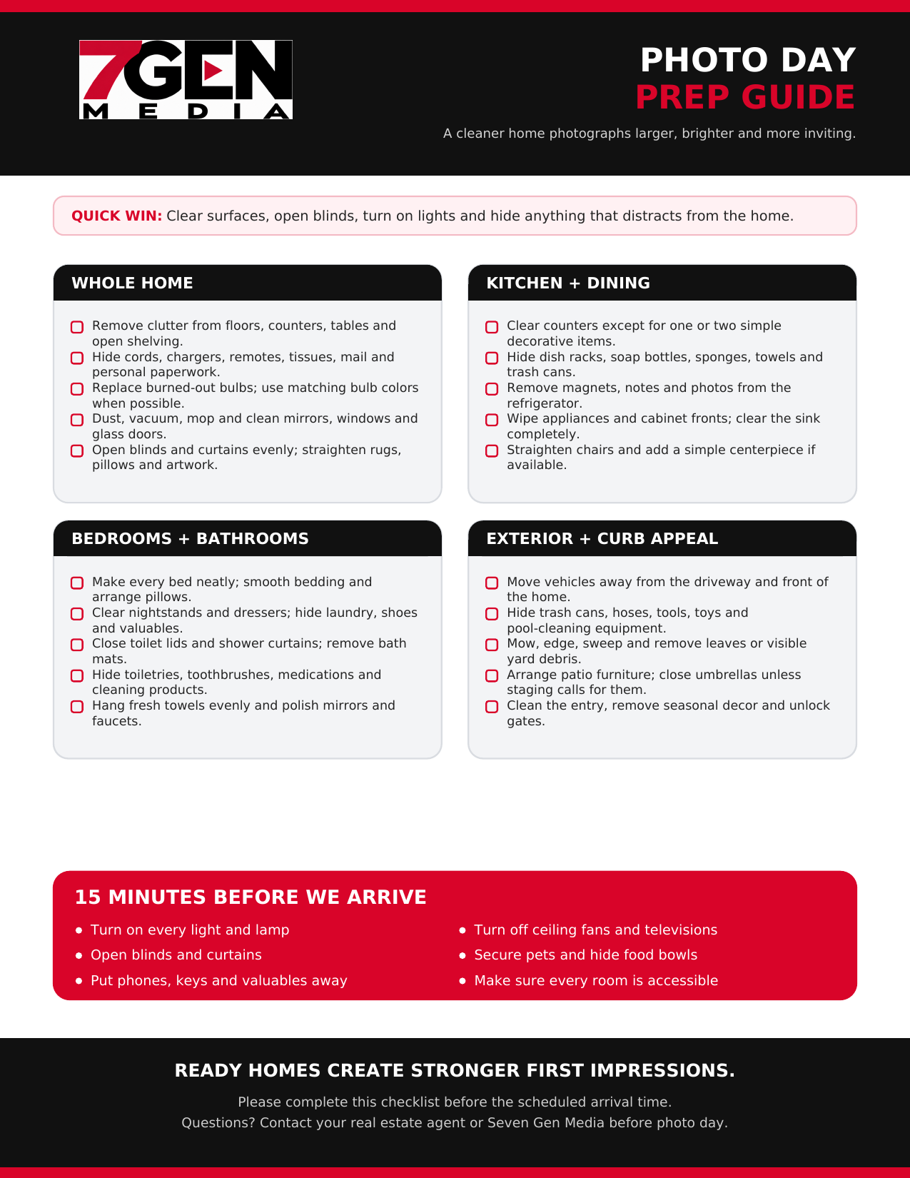 Seven Gen Media Photo Day Prep Guide checklist — room-by-room home preparation tips